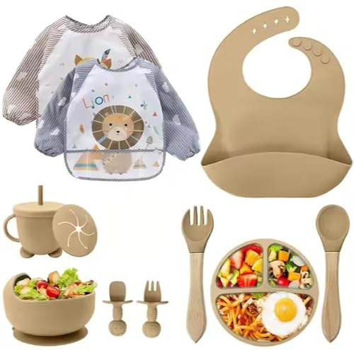 Eliano Barnserviettsats, silikon, 12 delar, utan BPA, med sugmaskar, lärbestick med sugrör, silikonlapp, skål, träsked, barnservietter, diskmaskinställda