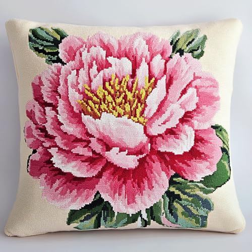 AMBATTERY 11CT Kit Per Cuscino Ricamato A Mano, fiore di peonia rosa Cuscino Punto Croce Prestampato 45x45cm Kit Per Ricamare Federa A Punto Croce