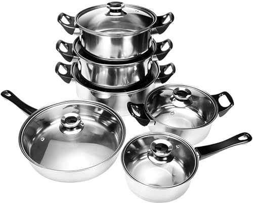 Pentole in Acciaio Inox Set da 12 Pezzi con Coperchi in Vetro Fondo a Induzione Batteria di Pentole e Padelle Bollilatte