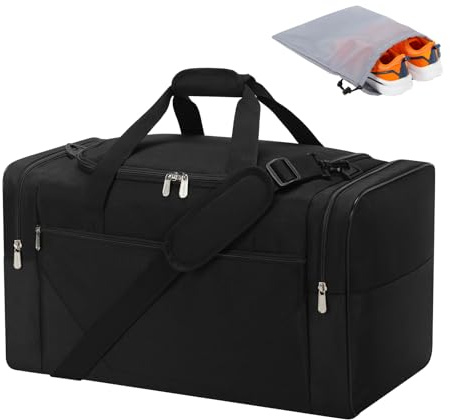 LONALIA Sac de Sport 45L avec Poche Humide et Compartiment à Chaussures - 53×28×30cm Sac de Voyage avec Multi Poches et Un Pochette à Chaussures pour Sport, Weekend - Noir