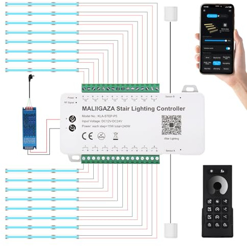 Intelligent trappstegsbelysning, 16 steg, kallvit 6 000 K rörelsedetektor, trappljus med app och RF-fjärrkontroll, Bluetooth Smart Stair Light, COB LED-list inomhus