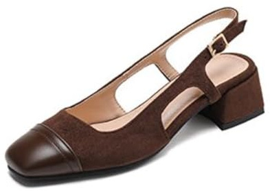Générique Chaussures Femme Deux Tons Slingback Escarpins Bout Carré Talon Bas Chunky Bride Cheville Réglable Daim Cuir PU Tissu Mélangé Confort Semelle Antidérapante,Marron,38 EU
