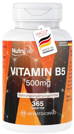 Vitamin B5 500mg – 365 tabletter – pantotensyra – 500mg per tablett – högdoserad – lätt att svälja – 100% vegansk – tysk tillverkning & laboratorietestad – NutriFair | Premium & Fair