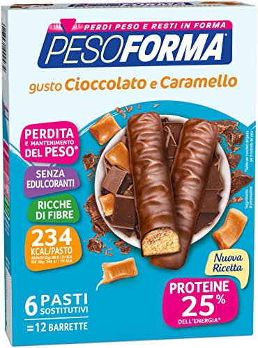 PESOFORMA BARRETTE CIOCCOLATO E CARAMELLO, Pasto Sostitutivo Proteico, Barrette per il Controllo del Peso, Barrette Proteiche per Restare in Forma, Solo 234 calorie, 12x31g