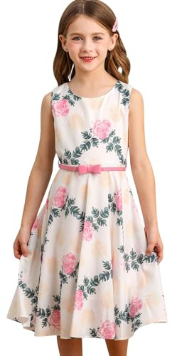 BONNY BILLY Vestido Niña Fiesta Boda Ceremonia Estampado Floral Vintage Verano Sin Mangas con Cinturón 8-9 Años Flor Rosa