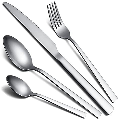Matte Cutlery Set 32 Pieces, Kyraton Stainless Steel Brushed Polished Flatware Set, Silverware Sets with Knife Spoon Fork, Dishwasher Safe, Service for 8