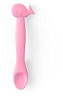 Suavinex Cuillère en silicone pour bébés, +4 mois, Cuillère flexible avec manche long. Cuillère souple pour les gencives sensibles. Compatible Lave-vaisselle. Motif Baleine. Couleur rose