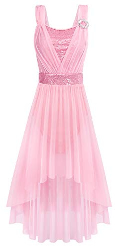 OBEEII Femmes Élégante Robe de Danse Lyrique sans Manches Fronde Paillettes Justaucorps Jupe Performance Costume Ballet Fluide Longue Robe en Mousseline de Soie