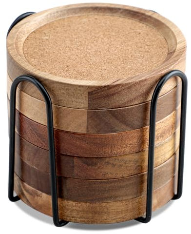 Wood Coasters for Drinks Absorbent with Holder, WLWNWFT Acacia Wood Cork Coaster Rustic Coasters for Coffee Table Dining Table Wooden Table Coasters for Farmhouse Desk, Set of 6
