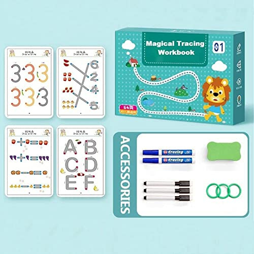 Magical Tracing Workbook Set, Magic Tracing Workbook för barn, Kalligrafi Tracing Book för barn, Återanvändbar skrivövningsbok för förskolebarn och dagisbarn (64 sidor)