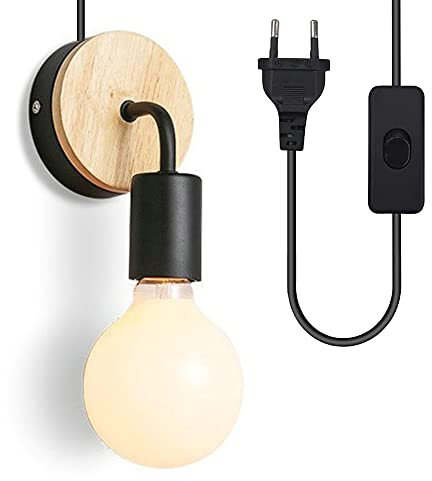 Mengjay Lámpara de pared E27 con interruptor, lámpara retro, metal y madera, 220V, casquillo E27, bombilla enchufe europeo, cable 1,8 m para dormitorio, bar, restaurante, cafetería, etc. (Negro)