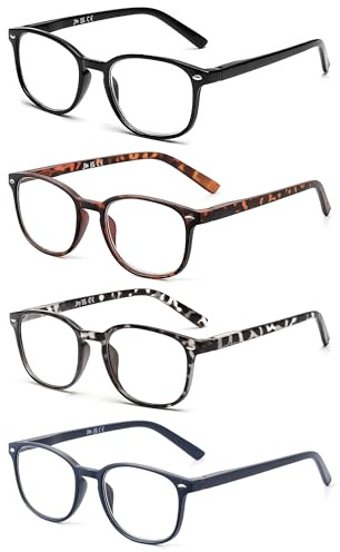 JM 4 Pack Gafas de Lectura Cuadrados, Cómodas Gafas Presbicia Para Mujer, Bisagra de Resorte Multicolor +0.5