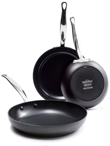 GreenPan Barcelona Hard Anodized Healthy Ceramic Nonstick 3-Piece Frying Pan Skillet Set, 20 cm, 24 cm & 28 cm, PFAS Free,Stainles Steel Handle,Extra Strong Scratch Resistant,Induction,Oven Safe,Black