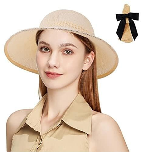 Aomig Donna Cappello di Paglia Pieghevole, Cappello di Paglia da Sole Estivo da Donna, Cappello da Spiaggia in Paglia Leggero, Protezione UV, Moda Donna Cappello di Paglia per Estivi Viaggi Spiaggia