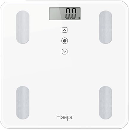 Haepi -Pesa persone impedenzimetro in vetro-analisi del corpo (massa grassa, massa ossea, massa muscolare, massa idrica)- BMI e Kcal- Design e preciso- Batterie incluse- Garanzia 15 anni