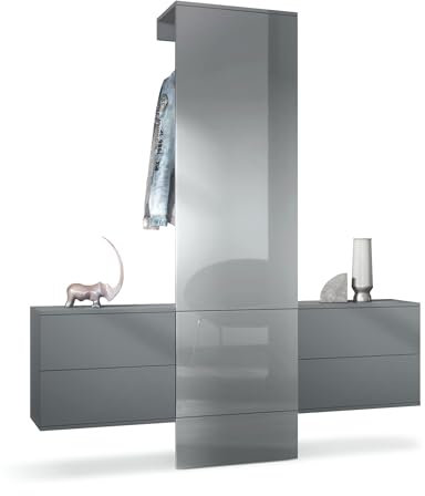 Vladon Garderobe Carlton Set 3, Made in Germany, Wandgarderobe aus Flur-Paneel & 2 Schubladen-Kommoden, Anthrazit matt/Grau Hochglanz (157 x 193 x 35 cm)