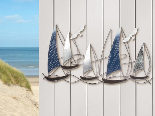 GILDE Väggrelief Regatta av metall i blått och silverfärger, glänsande, båtform, 49 x 91 x 4 cm, väggdekoration konstdekoration maritim