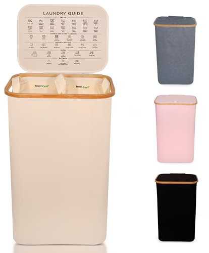 Nest Zest 100L Double Laundry Basket with Lid, 2 Compartments to Sort Washing, Hamper Laundry Bin with Care Guide & 2 Removable Inner Bags, Dirty Clothes Basket with Bamboo Rim Oxford Fabric (Beige)