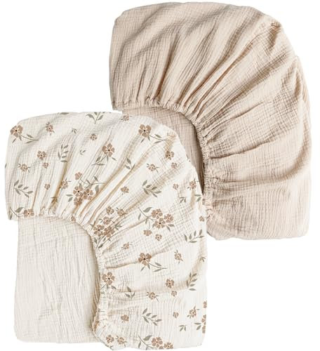 Konssy Muslin Crib Sheets for Girl Boy, 2 PCS Soft and Breathable Cotton Baby Sheets for Standard Crib Mattress, 52x 28 (Blossom, Cream)