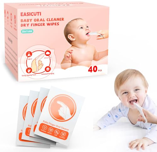 EASICUTI 40Pcs Baby Finger Toothbrush, Dry Wipes Baby Toothbrush, Baby Tongue Cleaner, Newborn Tooth and Gum Wipes, BAB y Oral Cleaner, Infant Toothbrush Mouth Clean for 0-36 Month