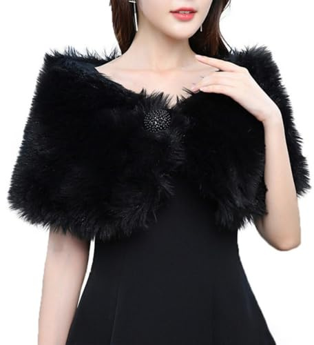 SMTCM Bufanda de novia de pelo sintético para mujer, color negro, piel sintética, bufandas para novia, cuello de capa, pelo de invierno, bufanda de noche, bufanda de pelo, bolero, pañuelos para