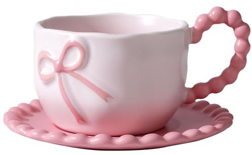 Disoza 350 ML Rose noeud Tasse à café Porcelaine Café Thé Mug mignon Céramique Tasse avec noeud et anse Set de tasses à café avec soucoupe