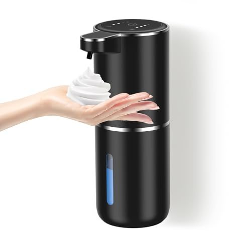 Dalugo Automatic Foam Soap Dispenser, 380ml Rechargeable Touchless Wall Mounted Soap Dispenser with 4 Adjustable Levels, IPX5 Waterproof for Kitchen and Bathroom (Black)