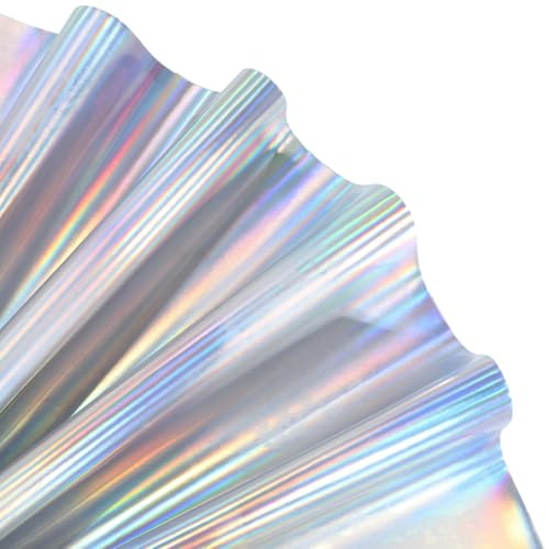 CALFOVERA Rollo de Tela de Vinilo Holográfico de Cuero Sintético Iridiscente de 1.35 × 0.3 m, Lámina de Cuero Reflectante Holográfico para Coser Pendientes, Bolsos, Carteras Y Hacer Lazos (Plateado)