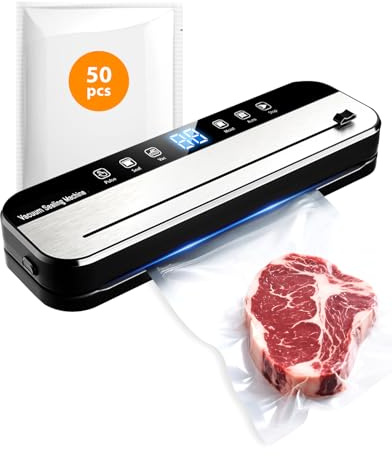 FANNOU Macchina Sottovuoto Alimenti Umidi e Liquidi, Macchinetta Sigillatrice Per Sacchetti 65KPA per una Conservazione Perfetta e La Cottura Sous Vide Con Taglierina e 50 Sacchetti