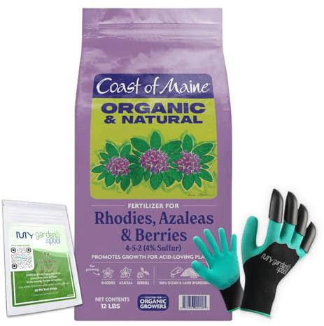 Coast of Maine RH6501 Rhody, Azalea & Berries Plant Food 12 LB – Organic Fertilizer for Acid-Loving Plants with My Garden Pool Soil Test Strips & Gardening Claw Gloves