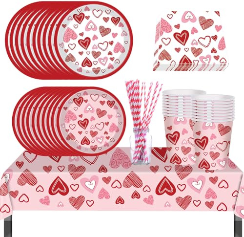 Set di Stoviglie per San Valentino, Stoviglie a Tema San Valentino, Valentine's Day Party Tableware, Adatto per Compleanni a Tema, Matrimoni e Feste per 10 Ospiti - 61PCS