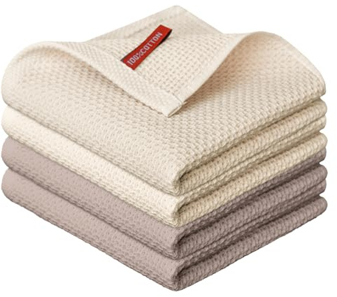 Artoid Mode Paños de Cocina Gofre Color Mixto (Beige+Marrón) 100% Algodón, Juego de 4 34x34 cm Lavables Absorbentes Paños de Cocina