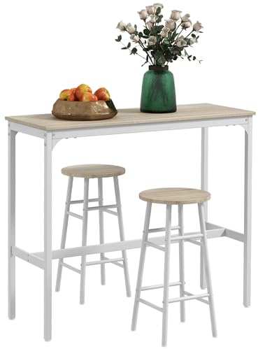 HOMCOM Set da Bar 3 Pezzi con Tavolino Alto e Sgabelli da Bar con Poggiapiedi, Set Tavolo Alto con Sgabelli, per Cucina e Salotto, Design Industriale, in Legno e Acciaio, Bianco e Rovere