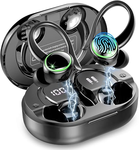 Wireless Earbuds, Bluetooth 5.4 Headphones, 50H+ Playtime Stereo Noise Canceling Headphones with 4 ENC Mic, Sport Ear buds with Earhooks, IPX7 Waterproof Wireless Earphones for Sport/Running/Gym