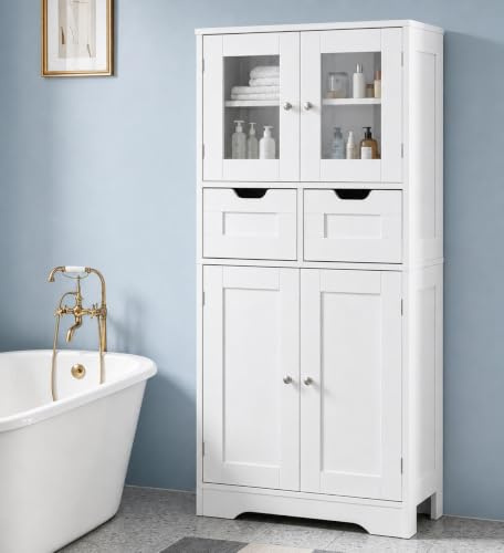 Mueble Columna de Baño Blanco, 30 cm de Fondo, 2 Cajones, 128 cm de Alto | Armario auxiliar para baño con 2 puertas de vidrio, 2 puertas opacas y 2 estantes regulables en 3 alturas.