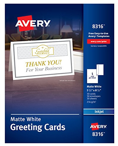 Avery 8316 Inkjet Half-Fold Greeting Cards w/Envelopes, 5.5 x 8.5, White, 30/BX