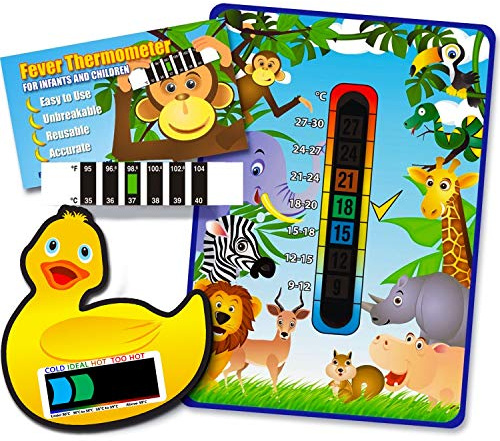 Pack of 'Happy Family' Jungle Animals Nursery and Room Thermometer, Duck Bath and Monkey Forehead Thermometer for Baby/Child