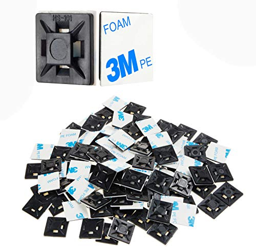 XHF 100 PCS 1.1 Black Self Adhesive Cable Zip Tie Mounts Wire Cable Clips Holders Management Anchors Organizer Holders Squares(HS-102)