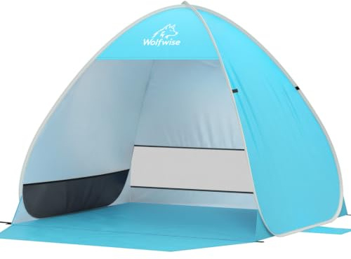 Wolfwise Strandmuschel Pop Up, UPF50+ Sonnenschutz, tragbar mit Tragetasche, sofortiger und einfacher Aufbau, Wasserabweisend & Belüftet mit Sandtaschen für 1-2 Personen, 160 × 130 × 120 cm, Blau