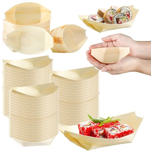 Newtay 300 Pcs Disposable Bamboo Boat Plates 5.5'' Small Appetizer Wooden Leaf Boat Plates Sushi Serving Tray Food Dishes Container Bowl for Catering Home Holiday Party Use