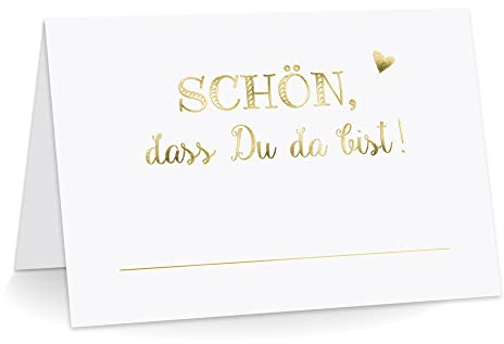 KuschelICH Premium Tischkarten Schön, DASS Du da bist! mit Herz Platzkarten zum selbst Beschriften (Gold, 50)