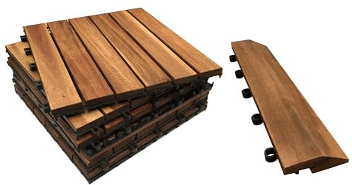 Dalles de terrasse en bois dur CLICK-DECK - Patio, balcon, toit-terrasse, revêtement de sol facile, prix bon marché pour de grandes quantités (18x dalles de terrasse en bois dur et 8x bords droits)
