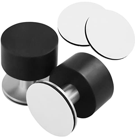 2 topes de puerta de goma de acero inoxidable autoadhesivos negros con adhesivo fuerte y 2 calcomanías, topes de puerta superior resistentes para suelo