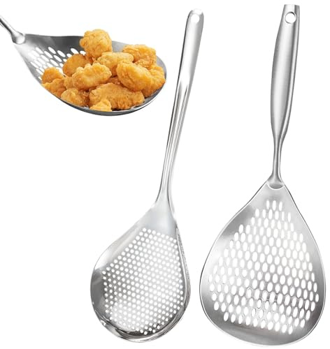 KAYCROWN Skimmer Slotted Spoon, 2 Pack Stainless Steel Pasta Spider Strainer Ladle for Frying and Cooking, Frying Strainer Spoon, Kitchen Cooking Skimmer Colander