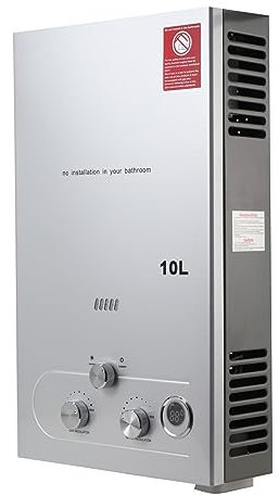 Lfhelper 10L 20KW Gasdurchlauferhitzer, LPG Warmwasserbereiter, 2.64GPM Propangas Tankloser Kesselbrenner Sofort-Heißwasserbereiter mit Duschkopf-Kit für Kleine Häuser, Kabinen, Campingdusche silber