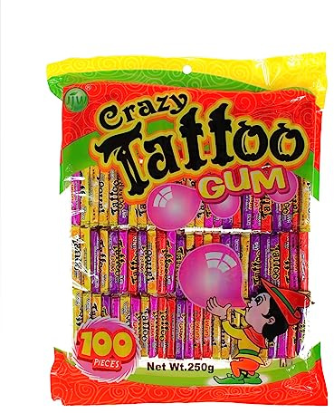 Tatuaje de chicle 100 piezas - dulces de los 90 con sabor a fruta - chicle en bandeja con tatuaje de agua