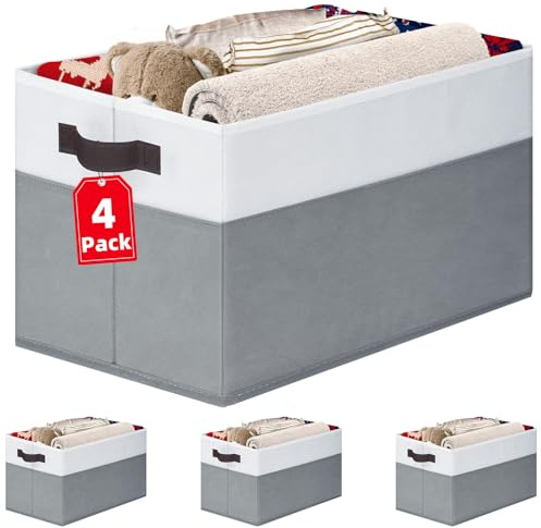 4 Pack Large Closet Storage Baskets Bins for Shelves | Fabric Closet Organizers and Storage with Handles Home Organization | Decorative Collapsible Baskets for Organizing Clothes Toy Nursery 14x10