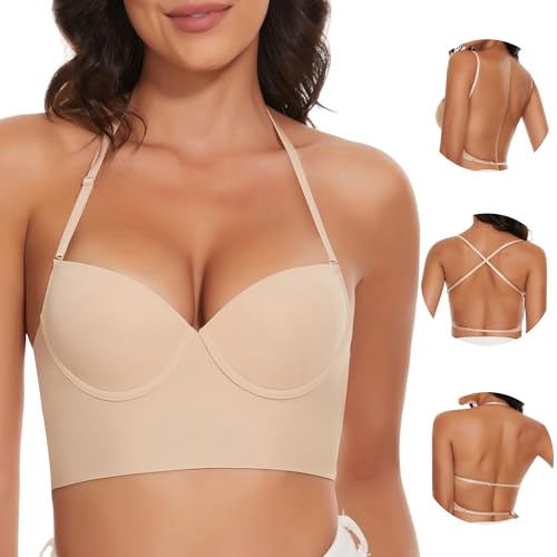 Vinperfor Soutien-Gorge Dos Nu pour Femmes - Soutien-Gorge Invisible, sans Coutures légèrement doublé, Dos Ouvert à découpe Basse, Convertible en Soutien-Gorge Dos Nu Multiway Halter (Nude, XS)