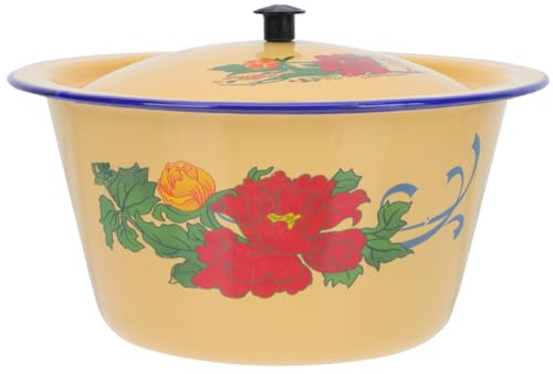 PRETYZOOM Vintage Enamel Bowl with Lid 7.68 Inch Retro Oil Pot and Soup Tureen for Kitchen Spice Storage and Serving