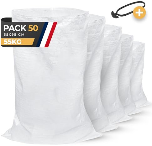 BIBODU Pack 50 Sacos para Escombros | 55 x 95cm - Muy Resistentes (55kg) & Reutilizables | Saco de Escombros perfectos para Arena, Tierra, Jardin, Construcción y Hojas